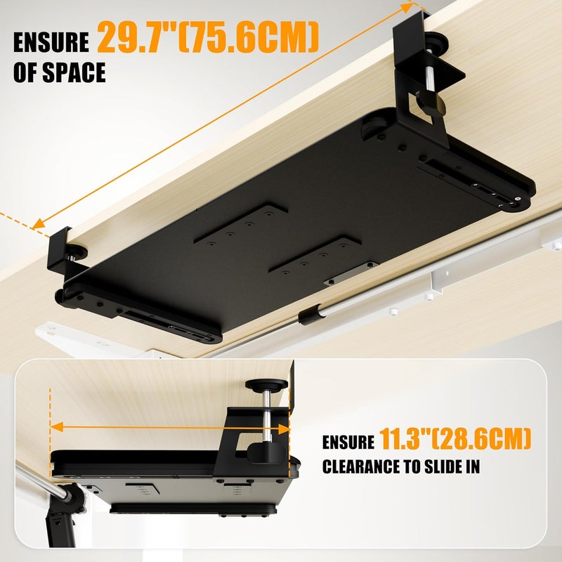 ERGOMAKER Store Keyboard Tray Under Desk, Pull Out Keyboard Tray with C Clamp Mount, 25.6" (29.7" Including Clamps) x 11.8" Slide-Out Platform Computer Drawer for Typing, Keyboard & Mouse Tray, Black - Image 2